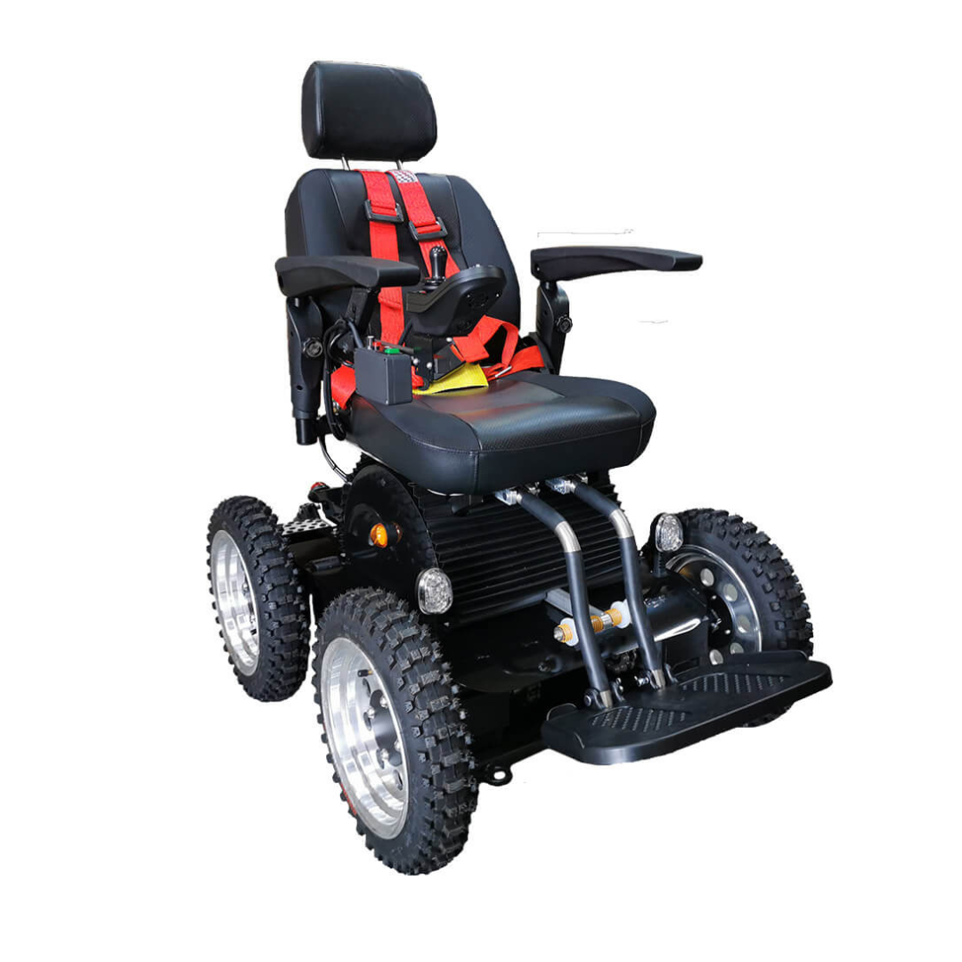 The Wheelchair88 All-Terrain Stair Climbing 4x4 Recreational Electric Vehicle is a rugged black power chair with large tires, padded seat and backrest, red safety harness, adjustable armrests and footrest, made for outdoor mobility.